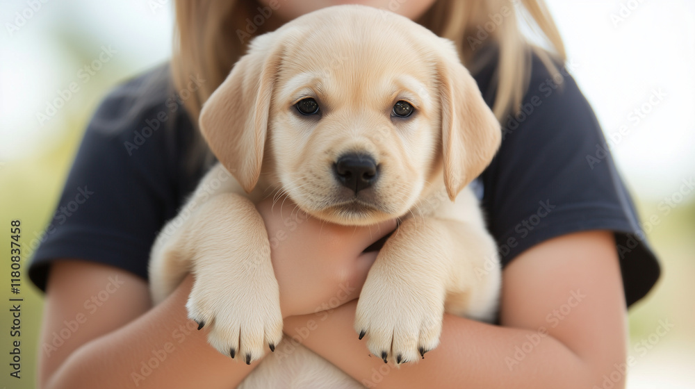 Puppy Love: A close-up portrait of a young girl holding a tiny, adorable Labrador Retriever puppy, capturing the pure innocence and joy of their bond. This image evokes feelings of warmth, love. Puppy Love: A close-up portrait of a young girl holding a tiny, adorable Labrador Retriever puppy, capturing the pure innocence and joy of their bond. This image evokes feelings of warmth, love.