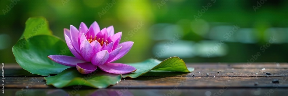 Fresh purple water lily with green leaves on a wooden dock, wooden, green Fresh purple water lily with green leaves on a wooden dock, wooden, green