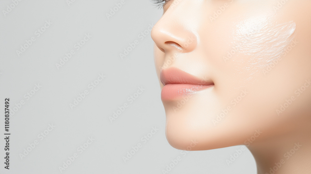 Radiant Skincare: A close-up of a woman applying a creamy moisturizer to her cheek, showcasing a radiant and healthy complexion. Radiant Skincare: A close-up of a woman applying a creamy moisturizer to her cheek, showcasing a radiant and healthy complexion.