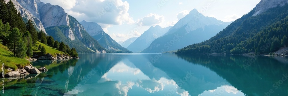 Mountains and valleys reflected in the calm waters of a mountain lake, waterfall, Mountains and valleys reflected in the calm waters of a mountain lake, waterfall,
