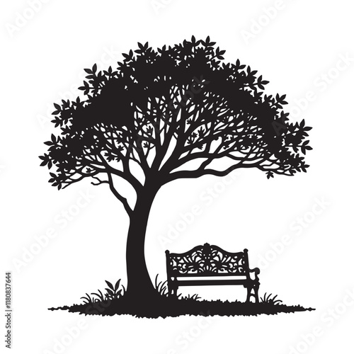Wooden bench beside a beautiful tree silhouette vector illustration isolated on a white background