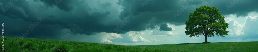 Fototapeta premium Dark stormy clouds gather over a solitary tree, serene, greenery, cloud formations