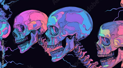 Vibrant Goth Graphic Design with Colorful Skulls in a Striking Pattern for Alternative and Artistic Uses