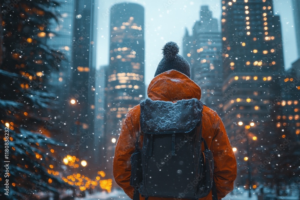 Winter traveler gazes at city skyline during snowfall in late evening urban setting Winter traveler gazes at city skyline during snowfall in late evening urban setting