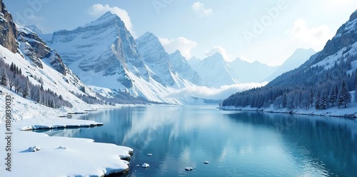 Wallpaper Mural Snowy peaks overlooking a frozen lake with icy shores, icy, nature, lake Torontodigital.ca