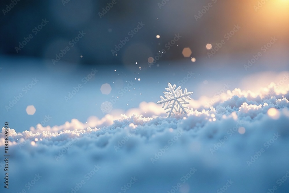 A single snowflake lands delicately on a snowy surface, illuminated by soft light, calm, subtle A single snowflake lands delicately on a snowy surface, illuminated by soft light, calm, subtle