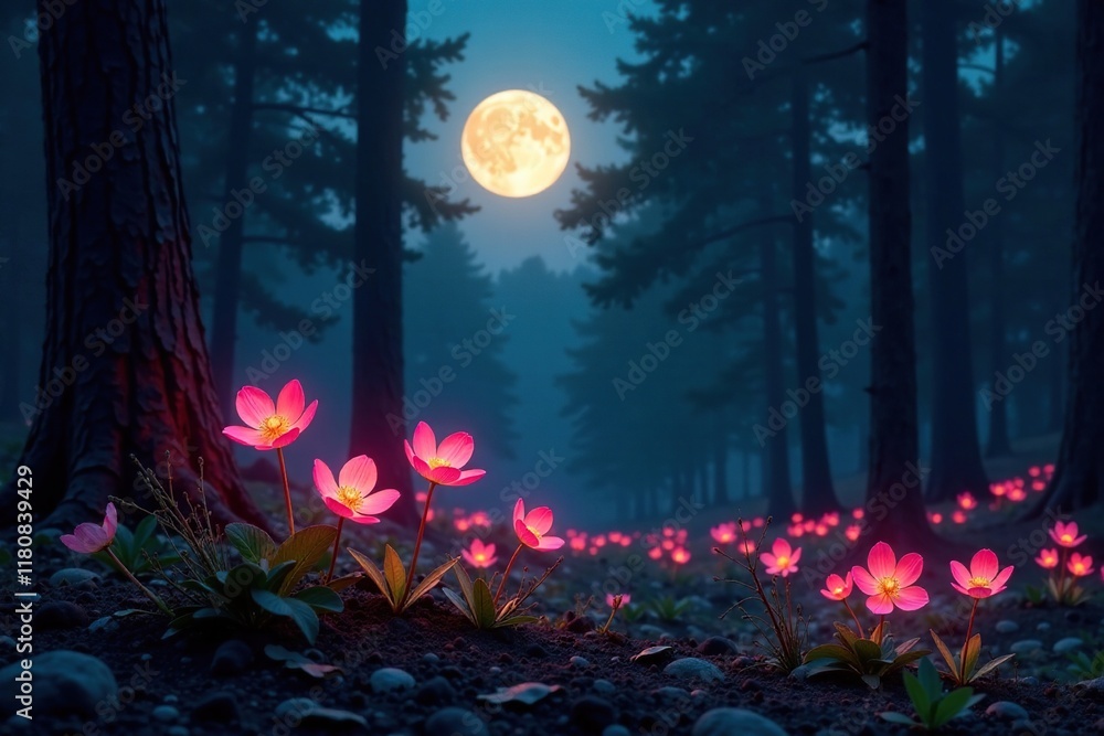 Fototapeta premium Glowing flowers in a forest during the full moon, nature, flora