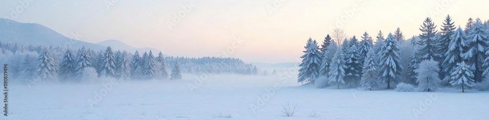 Misty morning fog lifts to reveal snow-dusted pine trees in a serene winter landscape, mist, cold, winter Misty morning fog lifts to reveal snow-dusted pine trees in a serene winter landscape, mist, cold, winter
