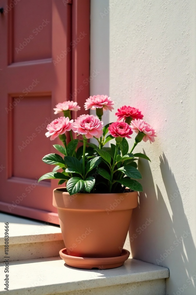 Carnations and greenery in a simple flowerpot on the steps, minimalist, step Carnations and greenery in a simple flowerpot on the steps, minimalist, step