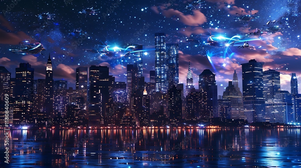 Futuristic Cityscape Illuminated Night Sky Drones Futuristic Cityscape Illuminated Night Sky Drones
