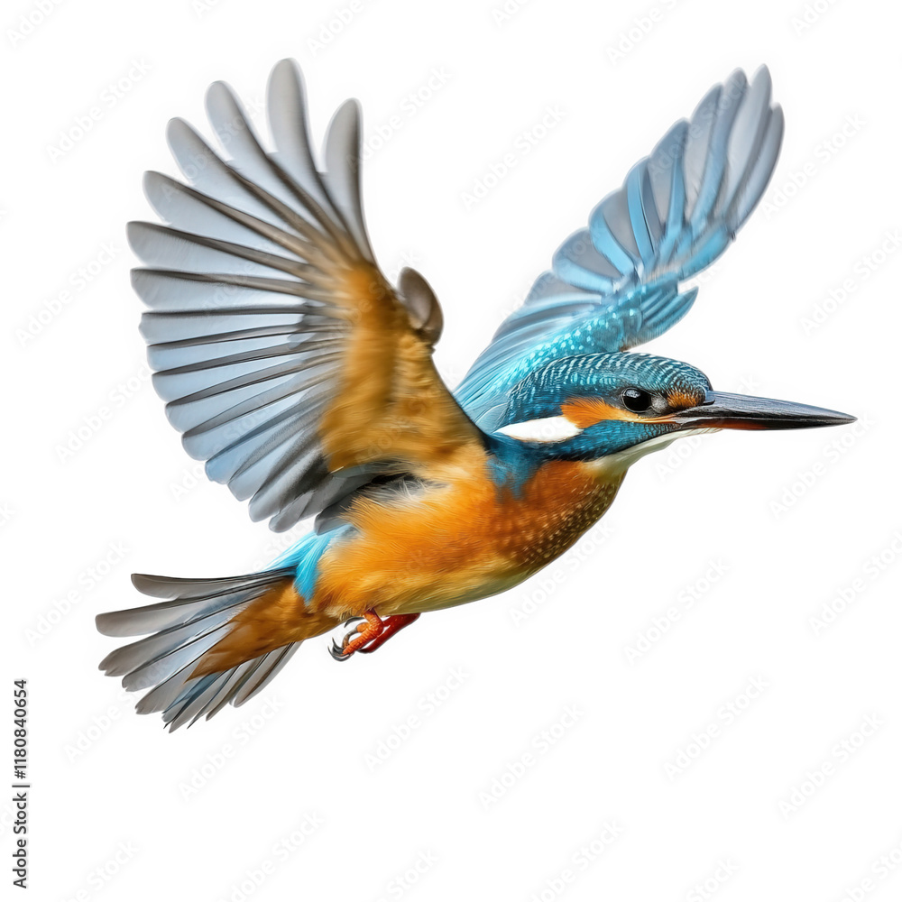 Obraz premium a vibrant kingfisher in mid-flight. showcasing its striking blue and orange plumage against a clean white background the bird's wings are spread wide. emphasizing its grace and agility. making it a ca