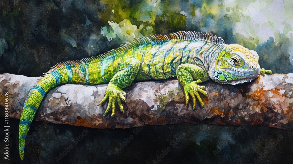 A vibrant iguana resting on a branch, depicted in watercolor style. A vibrant iguana resting on a branch, depicted in watercolor style.