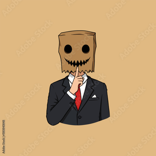 A stylized illustration depicts a businessman in a suit with a paper bag over his head, his finger to his lips indicating silence or secrecy.