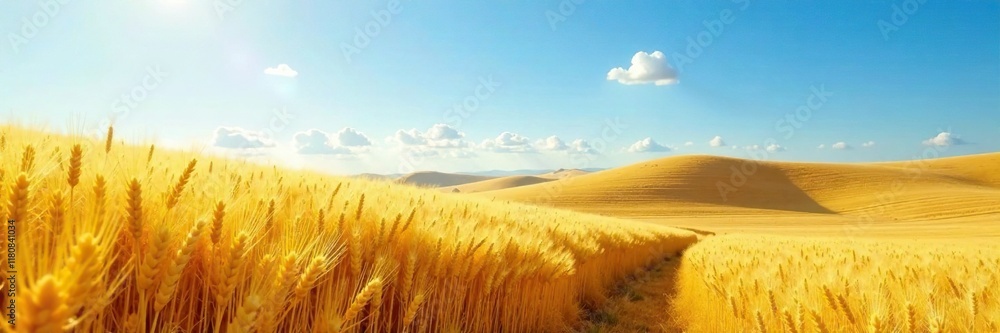Rolling hills of golden wheat stretch towards the horizon under a bright blue sky, blue sky, serene, farm Rolling hills of golden wheat stretch towards the horizon under a bright blue sky, blue sky, serene, farm