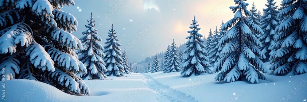 Naklejka premium Snowy forest with snowflakes and frosty trees, evergreen, landscape, frosty