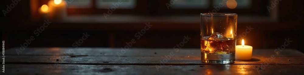 Glass with whiskey on a darkened table with flickering candles, dim light, ambiance Glass with whiskey on a darkened table with flickering candles, dim light, ambiance