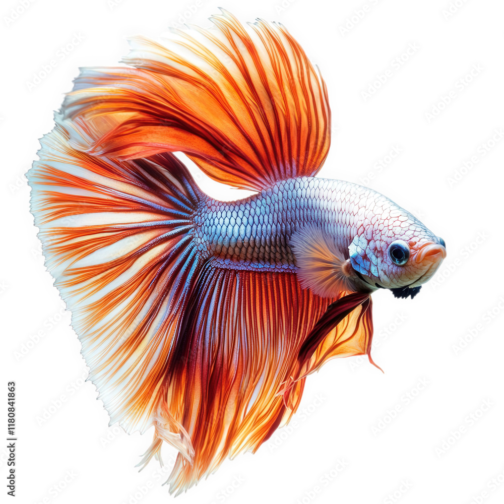 Fototapeta premium vibrant betta fish with flowing fins and a striking color pattern of red and orange against a white background. showcasing its beauty and grace the fish is positioned to highlight its elaborate tail a