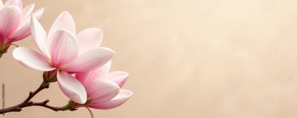 Naklejka premium Delicate magnolia flowers on a soft beige background, soft, floral, petals