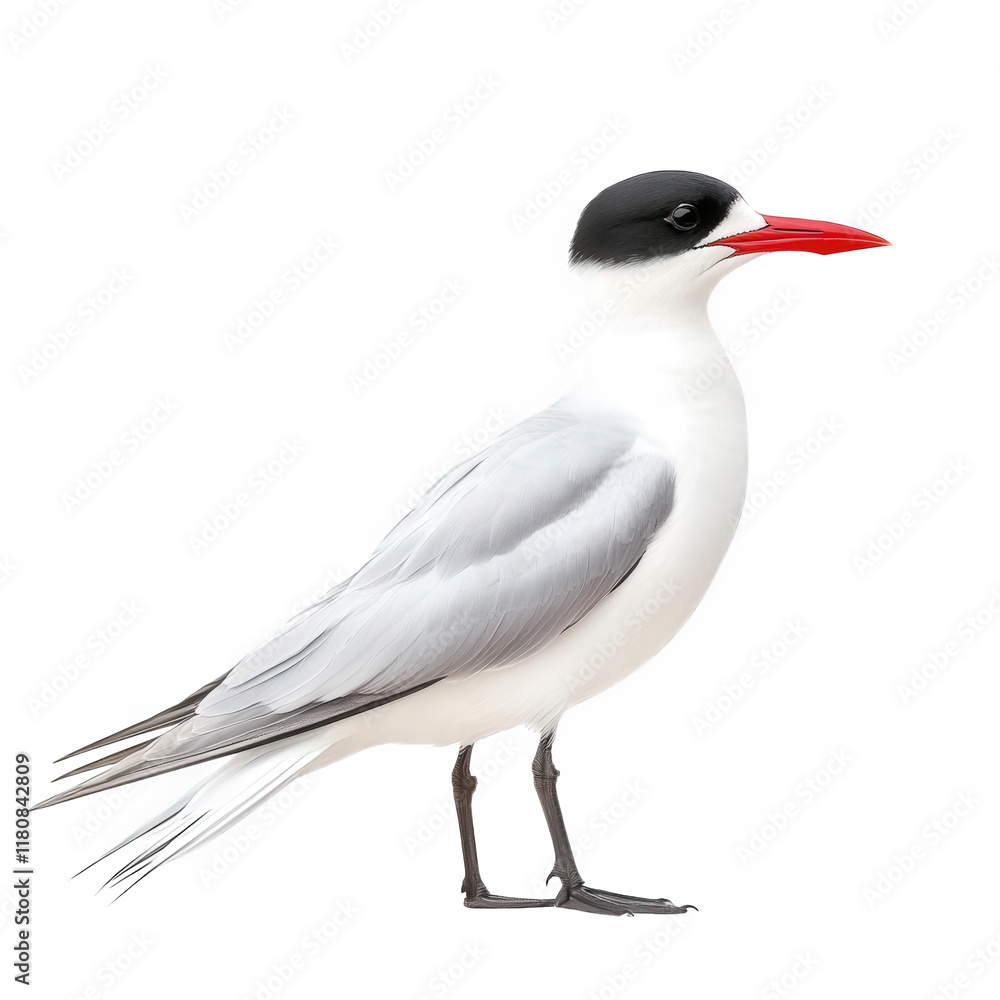 sleek bird with a predominantly white body. gray wings. and a striking black cap on its head. complemented by a vivid red beak the bird stands upright against a plain white background. showcasing its sleek bird with a predominantly white body. gray wings. and a striking black cap on its head. complemented by a vivid red beak the bird stands upright against a plain white background. showcasing its