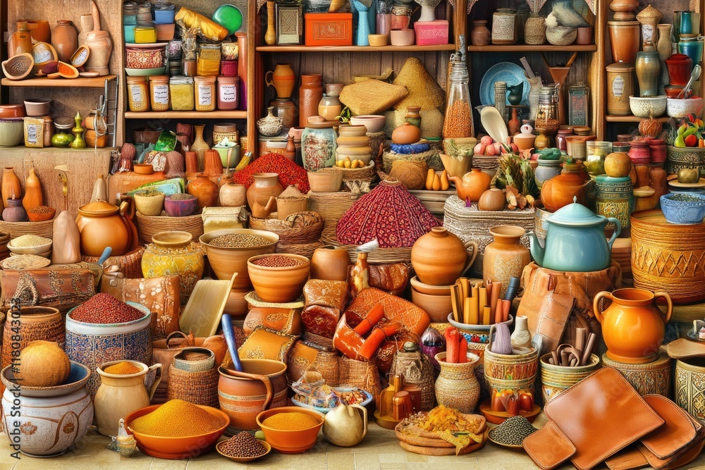 Fototapeta premium A vibrant display of various spices, pots, and traditional containers in a market setting.
