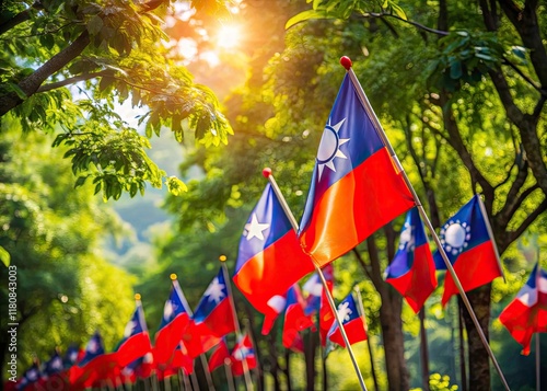 Taiwan Flag, Bokeh, Nature, Patriotism, Waving Flags, Tree Branches, Leaves, National Pride,  Beautiful Photography, Taiwanese Flag, Scenic,  Flags of Taiwan photo