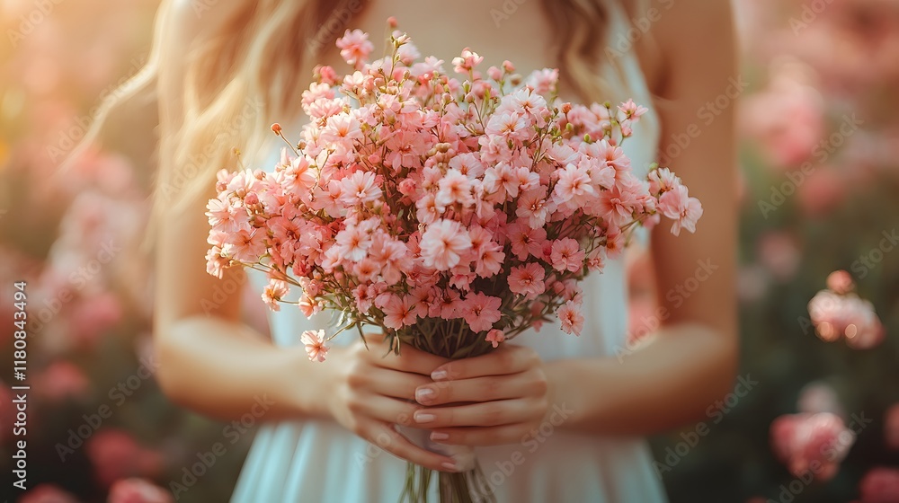 Elegant feminine hands gently holding a bouquet of blooming flowers against a soft background Elegant feminine hands gently holding a bouquet of blooming flowers against a soft background