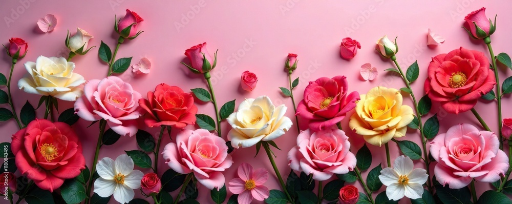 A sea of colorful flowers on a rose-colored base, nature, floral arrangement A sea of colorful flowers on a rose-colored base, nature, floral arrangement