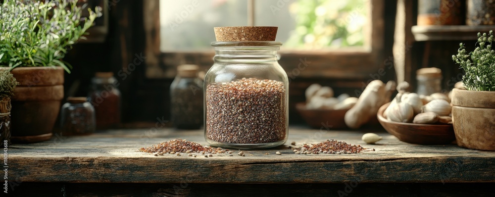A Cozy Display of Spices on Rustic Wooden Surface, Earthy Tones Warm, inviting image showcasing a glass jar filled with earthy-toned spices, resting on a rustic wooden table The scene evokes a sense A Cozy Display of Spices on Rustic Wooden Surface, Earthy Tones Warm, inviting image showcasing a glass jar filled with earthy-toned spices, resting on a rustic wooden table The scene evokes a sense