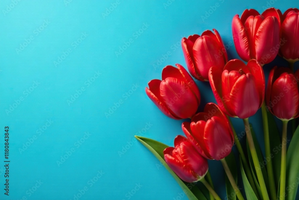 Red tulip petals unfolding on a blue background, red tulips, botanical, blue color Red tulip petals unfolding on a blue background, red tulips, botanical, blue color