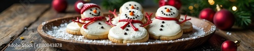 Snowman cookies and icing on a rustic wooden tray, rustic wooden tray, holiday