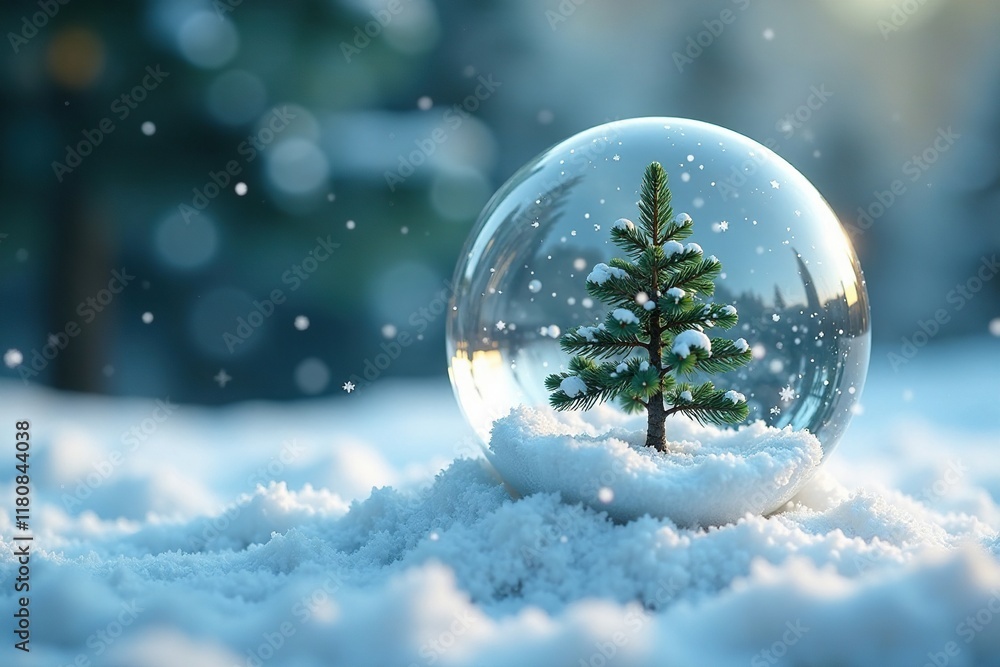 A miniature pine tree is placed inside a glass sphere filled with snowflakes and water, snowflake animation, mini pine tree, snowy scene A miniature pine tree is placed inside a glass sphere filled with snowflakes and water, snowflake animation, mini pine tree, snowy scene