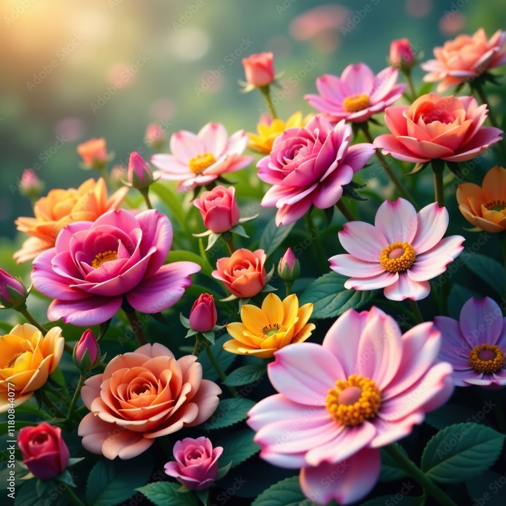 A sea of colorful flowers on a rose-colored base, colorful bloom, floral arrangement, nature A sea of colorful flowers on a rose-colored base, colorful bloom, floral arrangement, nature