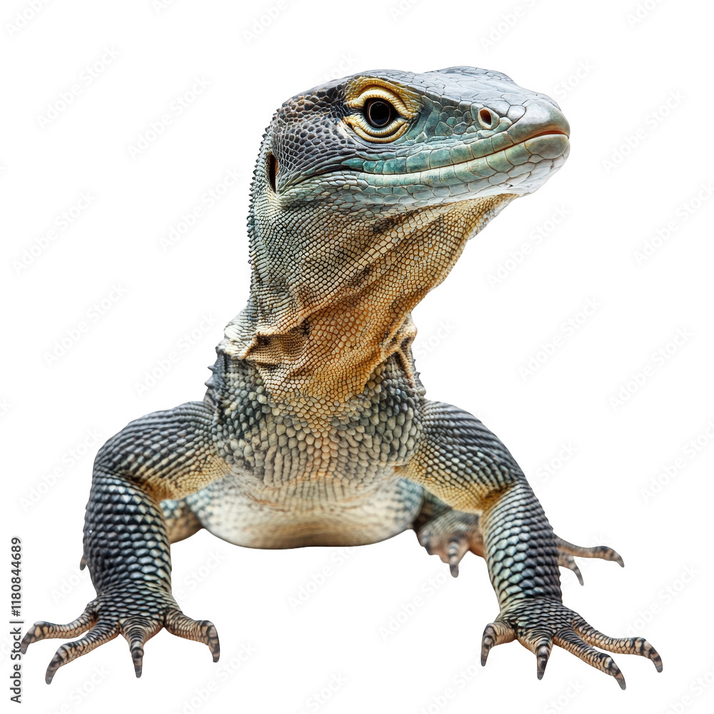 Obraz premium close-up of a lizard. showcasing its detailed scales and vibrant colors against a plain white background the lizard is posed in a way that highlights its unique features. emphasizing its natural beaut