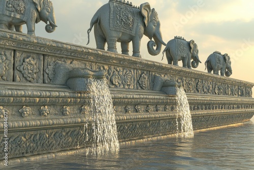 A decorative stone wall featuring elephant sculptures and water features at sunset. photo