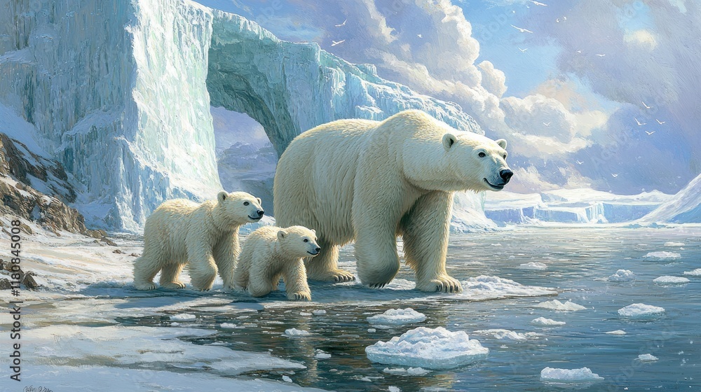 Mother polar bear and two cubs walking on icy arctic landscape near glacial arch. Mother polar bear and two cubs walking on icy arctic landscape near glacial arch.