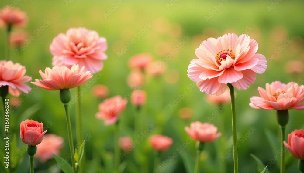 Delicate peach pink carnations in a field of green, peaches, , flowers in bloom Delicate peach pink carnations in a field of green, peaches, , flowers in bloom
