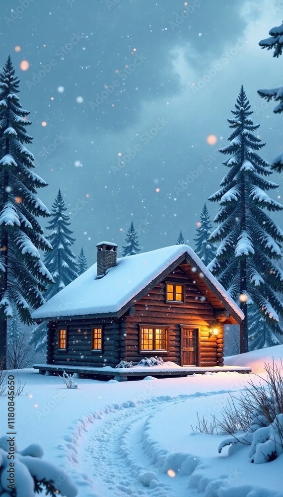 Snowflakes swirl in the air around a frozen cabin, isolated, winter Snowflakes swirl in the air around a frozen cabin, isolated, winter