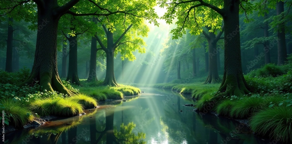 Obraz premium A tranquil forest scene with a winding river and towering trees, calm, nature, serenity