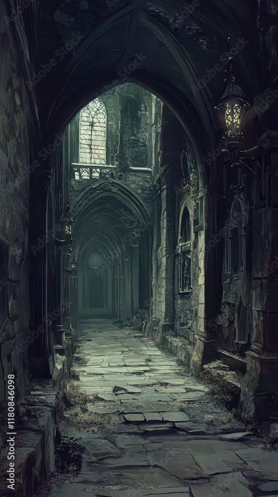 Fototapeta premium Dark Gothic Corridor Ancient Stone Pathway Ruins