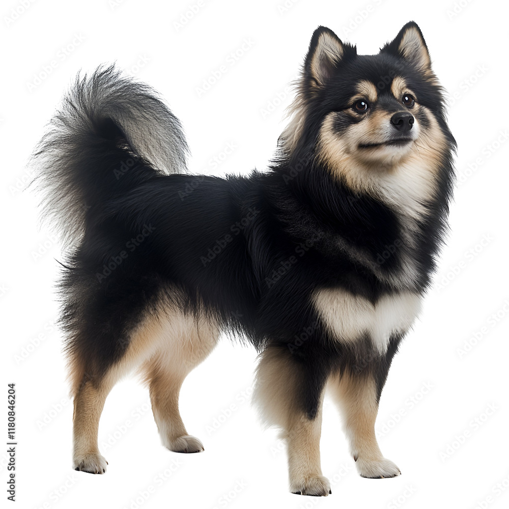 Obraz premium Finnish Lapphund Dog Portrait: This is a Finnish Lapphund standing on white background. He is looking to the right, with a cute, inquisitive expression. The dog is black with tan markings.