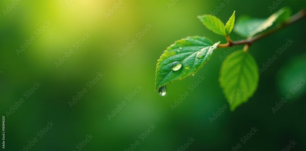 Single raindrop clings to a leafy branch in morning dew, glistening, morning, leafy Single raindrop clings to a leafy branch in morning dew, glistening, morning, leafy
