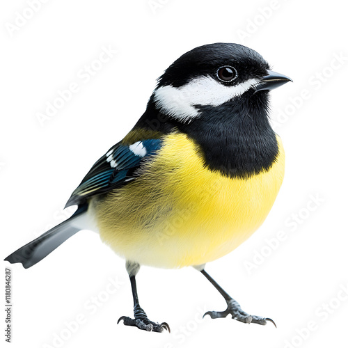A Tiny Songbird: A single, vibrant Great Tit, perched on a white background, captivates with its bright yellow breast, black cap, and inquisitive gaze.