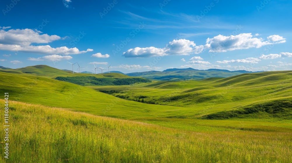 Fototapeta premium A serene landscape featuring rolling green hills under a bright blue sky with clouds.