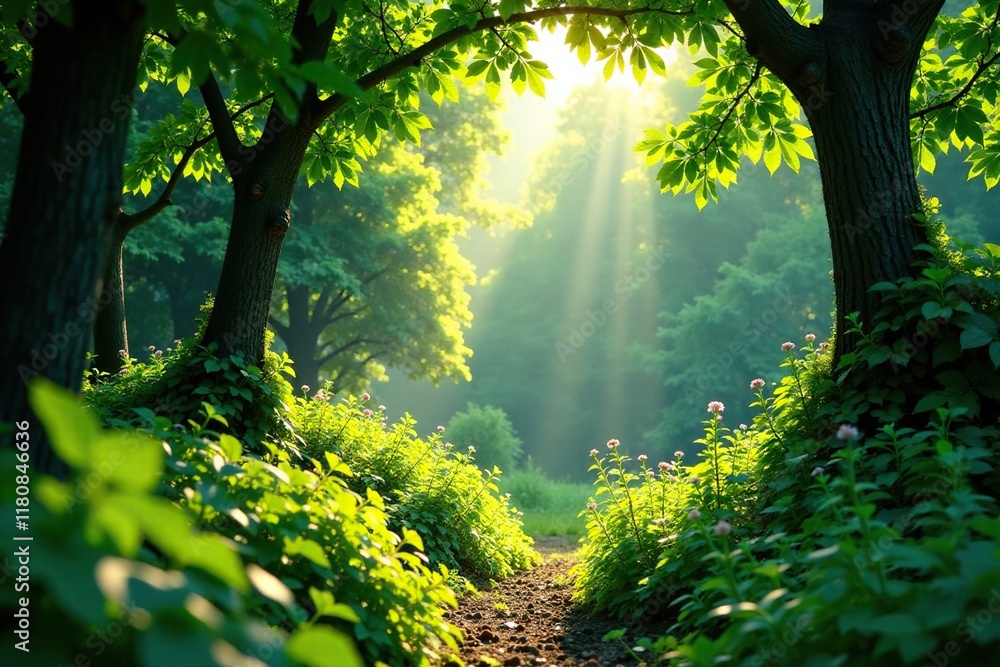 Fototapeta premium Lush foliage with sunlight filtering through the canopy, evergreen, nature
