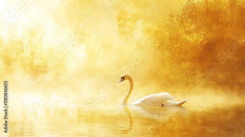 Fototapeta Naklejka Na Ścianę i Meble -  Majestic swan glides on misty golden sunrise lake