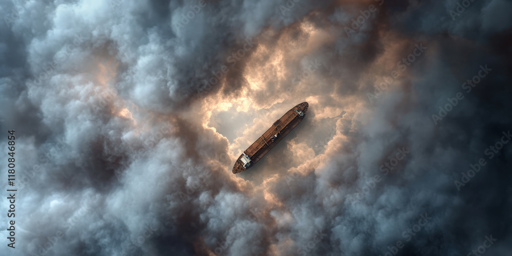 Naklejka premium Dramatic Aerial View of a Cargo Tanker Ship Surrounded by Billowing Clouds and Lateral Light Effects