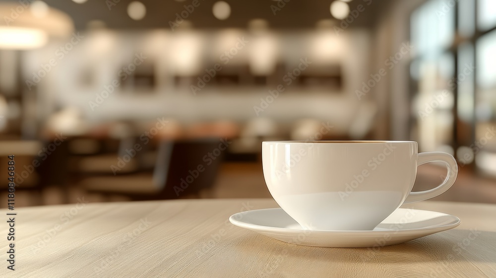 Front view of cup and laptop on table in office and background in the coffee shop Front view of cup and laptop on table in office and background in the coffee shop
