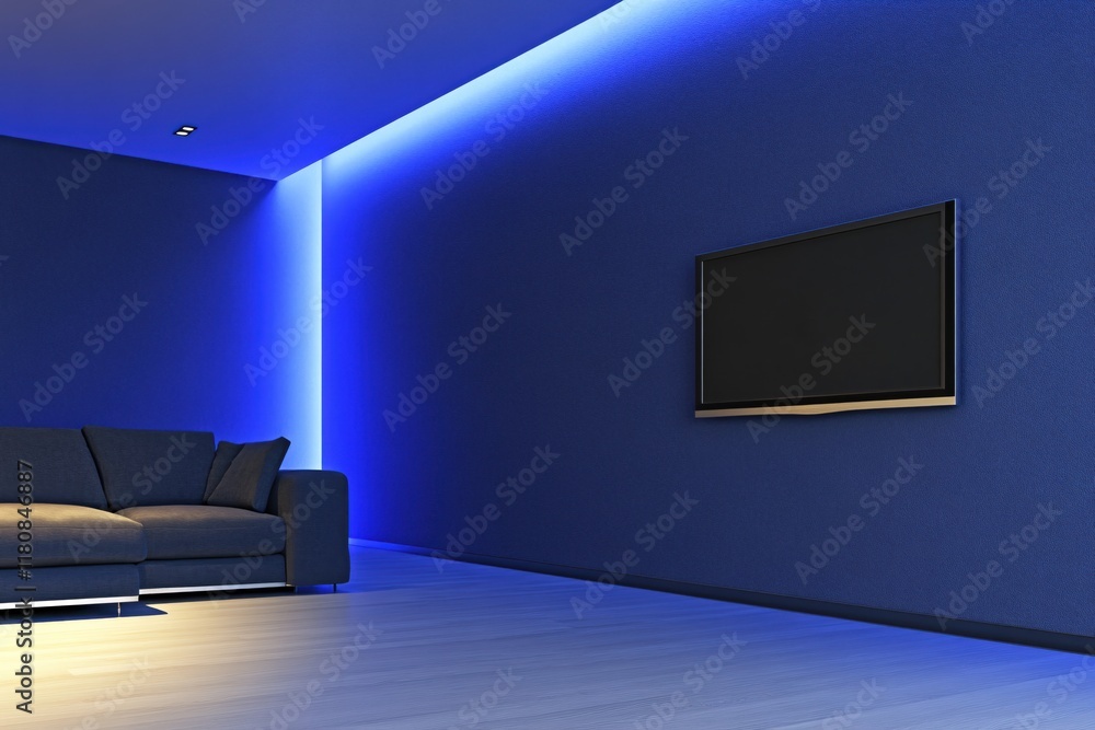 Modern Living Room with Blue LED Lights and Minimalist Furniture Design Modern Living Room with Blue LED Lights and Minimalist Furniture Design