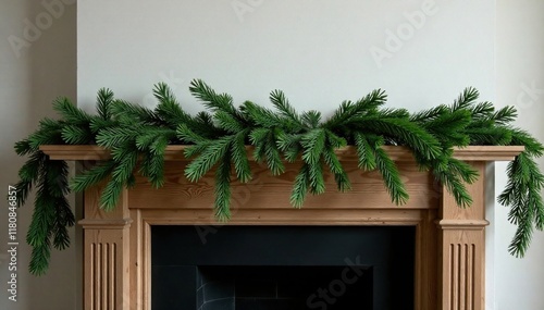 Verdant garland draped elegantly across a rustic wooden mantel, garland, winter