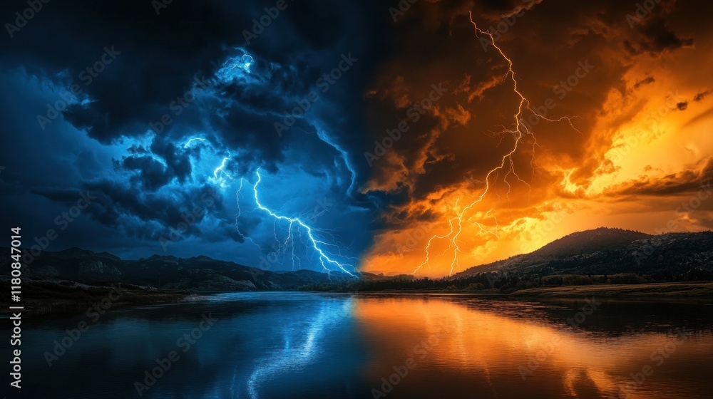 Naklejka premium Lightning bolts over a lake with dark and orange clouds, for media projects